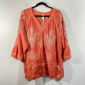 Chico's Coral Embroidered Boho Quarter Sleeve Lightweight Blouse Size 3 NWT